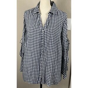 Jessica Simpson Top Womens 2XL Soft Navy Gingham With Tie Up Bell Sleeves